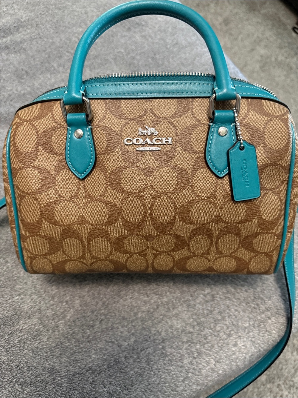 Coach Brown Signature Satchel with Teal Trim